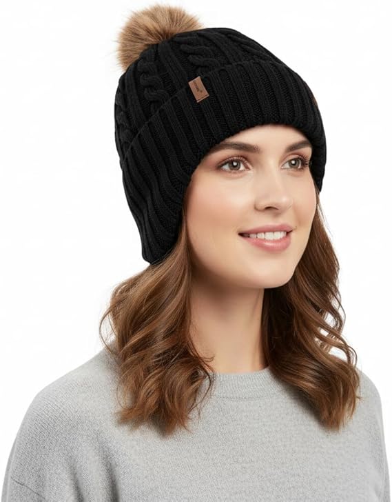 Comhats Warm Wool Fleece Lined Ear Flap Detachable Pompom Beanies Gifts Cold Weather for Women